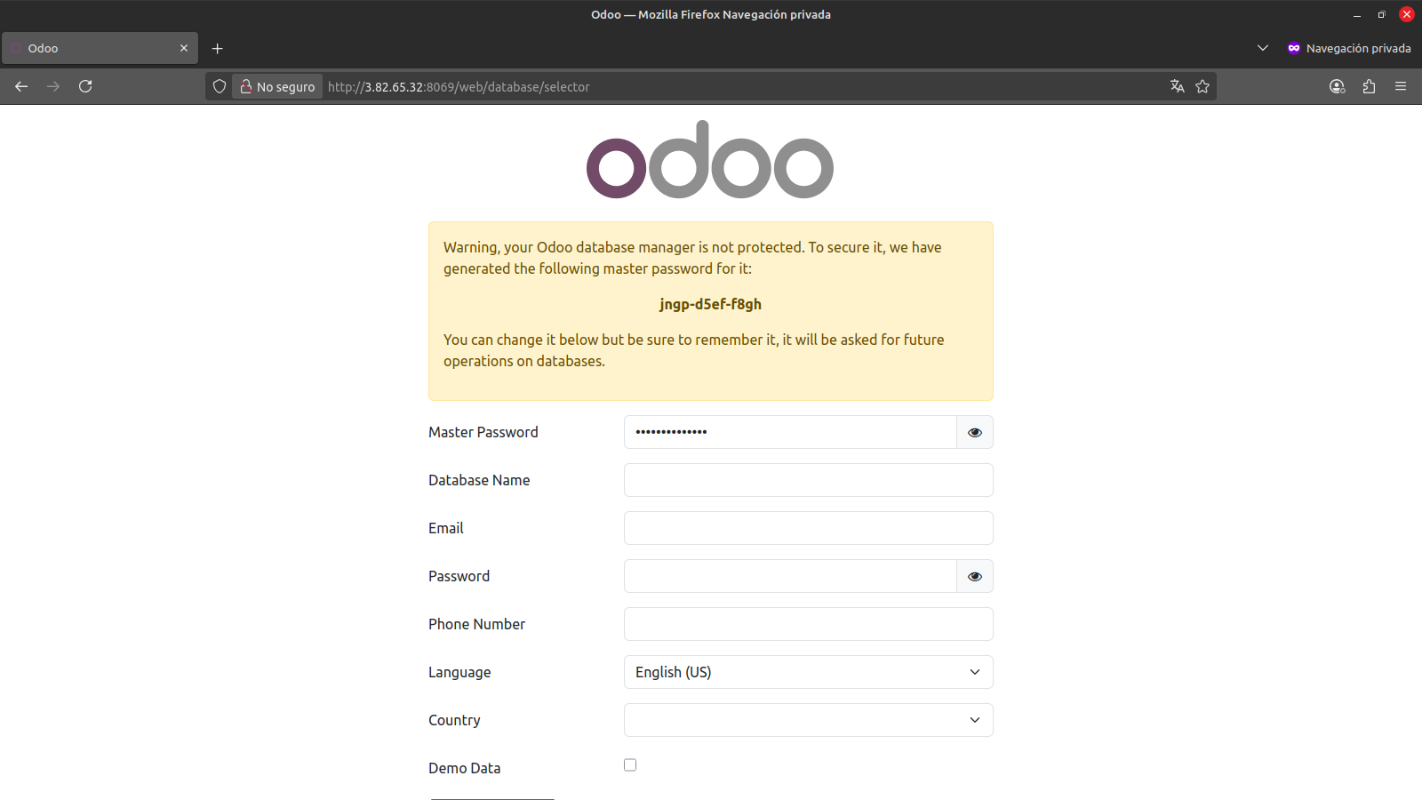 Pantalla de configuración inicial de Odoo