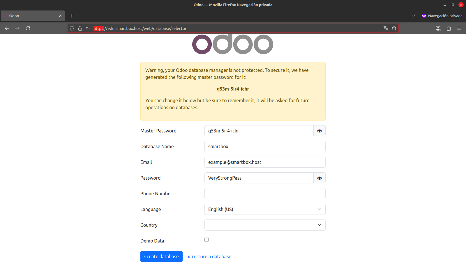 Datos de configuración inicial de Odoo