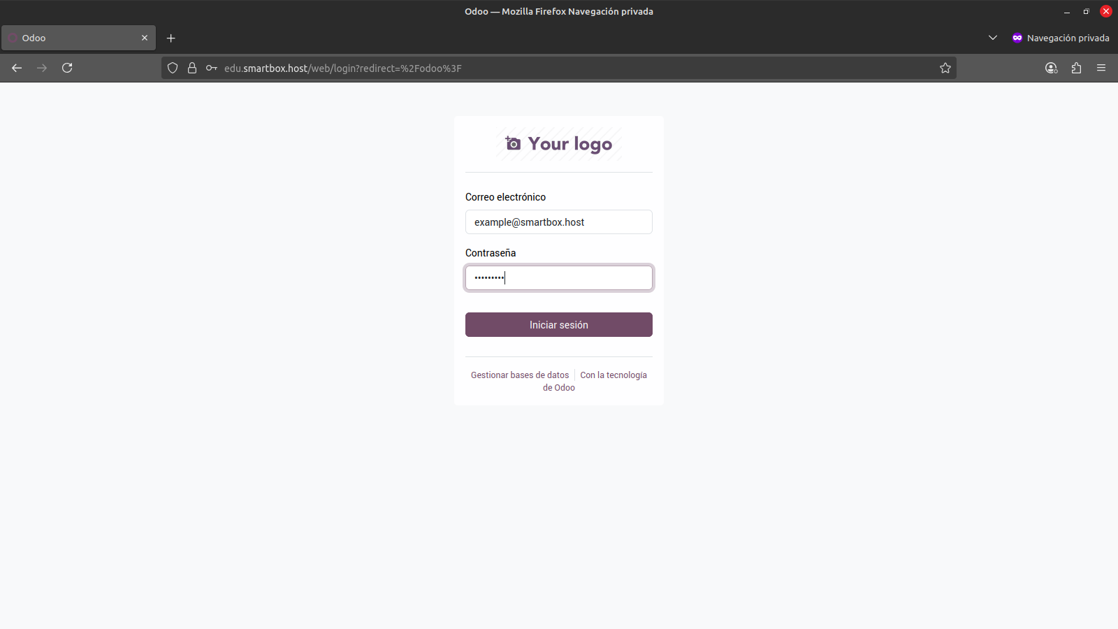 Pantalla de inicio de sesión de Odoo